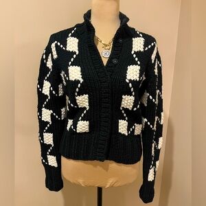 Worth Kaisley wool blend chunky Black and White Hi-Neck Snap Cardigan, size S